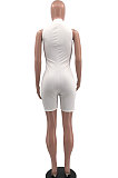 Club Sexy High Neck Screw Thread Embroidered Letter Zipper Tight Romper Shorts MQX2332