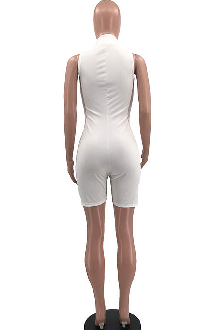 Club Sexy High Neck Screw Thread Embroidered Letter Zipper Tight Romper Shorts MQX2332