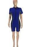 Trendy Casual Sexy Pure Color Spliced Net Yarn Zipper Cultivate One‘s Morality Short Sleeve Romper Shorts SM9152