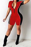 Trendy Casual Sexy Pure Color Spliced Net Yarn Zipper Cultivate One‘s Morality Short Sleeve Romper Shorts SM9152