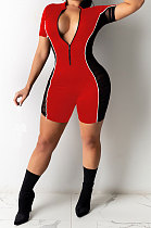 Trendy Casual Sexy Pure Color Spliced Net Yarn Zipper Cultivate One‘s Morality Short Sleeve Romper Shorts SM9152