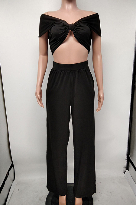 Euramerican Women Pure Color Chest Wrap Top Loose Pants Two-Piece X9297 