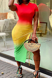Fashion Gradient Positioning Print Lashing Opening Short Sleeve Dress WY6736 