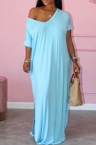 Fashion Short Sleeve Hem Open Fork Deep V Loose Long Dress X9300