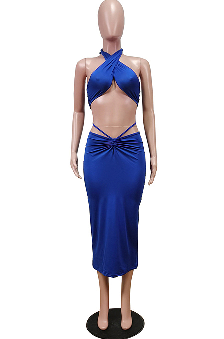 Fashion Sexy Pure Colo Chest Wrap Skirt Suit WY6784