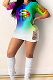 Fashion Sexy Hurnt Flower Rainbow Lip Print Gradual Change Mini Dress GHH030