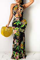 Fashion Sexy Hang A Neck Backless Print Lashing Long Dress WY6791