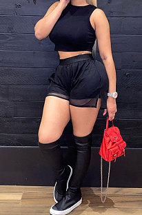 Fashion Casual Pure Color Vest Shorts Net Yarn Spliced Side Open Fork Sport Two-Pieces SM9159