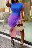 Fashion Gradient Positioning Print Lashing Opening Short Sleeve Dress WY6736 