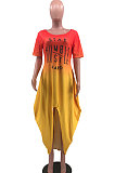 Women Fashion Printing Letter Gradual Change Open Fork Long Dress MQX2333