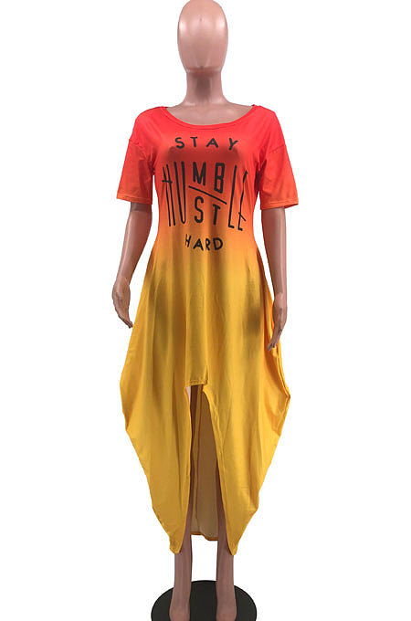Women Fashion Printing Letter Gradual Change Open Fork Long Dress MQX2333