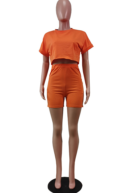 Euramerican Round Neck Short Sleeve Pochet Shorts Two-Piece WY6780