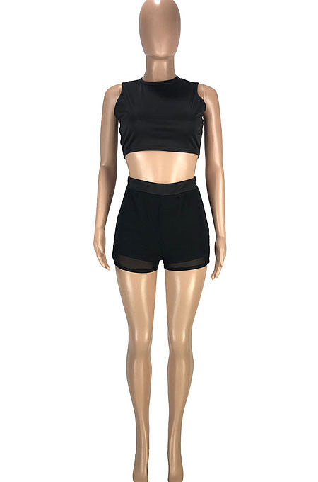 Fashion Casual Pure Color Vest Shorts Net Yarn Spliced Side Open Fork Sport Two-Pieces SM9159