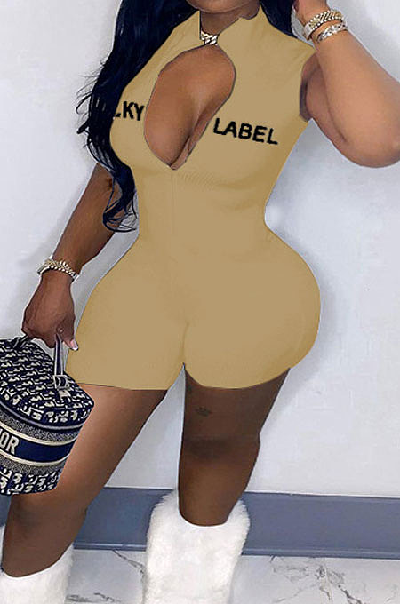 Club Sexy High Neck Screw Thread Embroidered Letter Zipper Tight Romper Shorts MQX2332