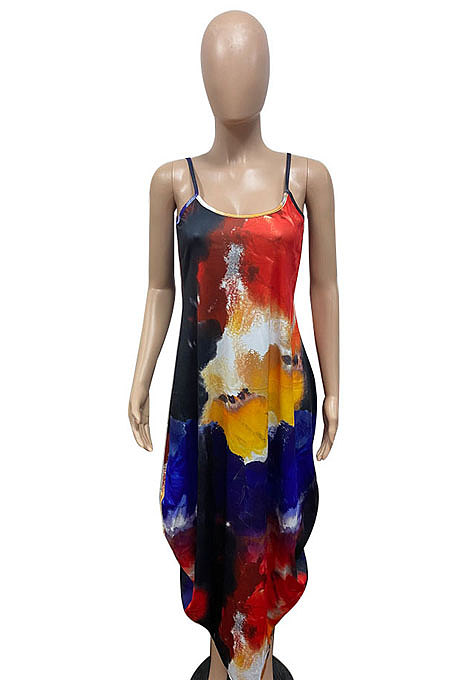 Tie Dye Printing Condole Belt Loose Long Dress GHH037