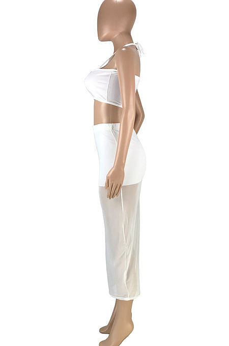 Sexy Pure Color Spliced Net Yarn Bandeau Bra Bind Package Buttocks Long Skirts Sets SM9175