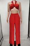 Euramerican Women Pure Color Chest Wrap Top Loose Pants Two-Piece X9297 