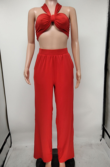 Euramerican Women Pure Color Chest Wrap Top Loose Pants Two-Piece X9297 
