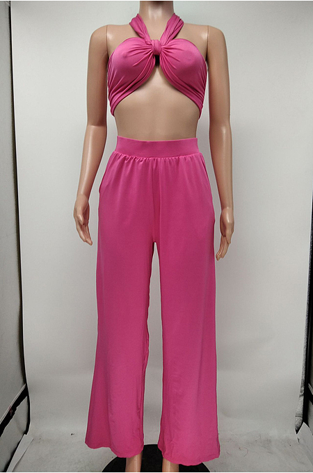 Euramerican Women Pure Color Chest Wrap Top Loose Pants Two-Piece X9297 