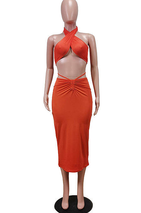 Fashion Sexy Pure Colo Chest Wrap Skirt Suit WY6784