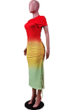 Fashion Gradient Positioning Print Lashing Opening Short Sleeve Dress WY6736 