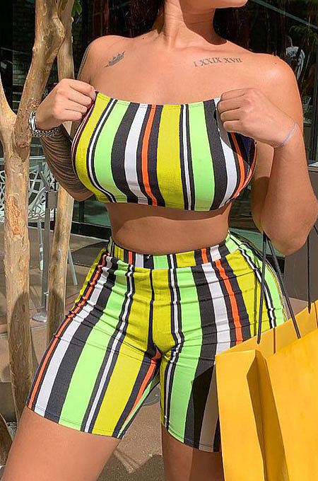 Fashion Casual Sexy Stripe Printing Cultivate One's Morality Bandeau Bra Shorts Sets SM9167