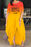 Women Fashion Printing Letter Gradual Change Open Fork Long Dress MQX2333