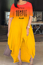 Women Fashion Printing Letter Gradual Change Open Fork Long Dress MQX2333