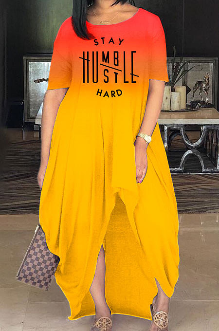 Women Fashion Printing Letter Gradual Change Open Fork Long Dress MQX2333