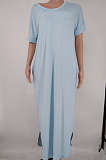 Fashion Short Sleeve Hem Open Fork Deep V Loose Long Dress X9300
