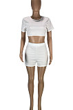 Trendy Casual Pure Color Round Neck Dew Waist Cultivate One's Morality Short Sleeve T Shirts Shorts Sport Two-Pieces SM9170