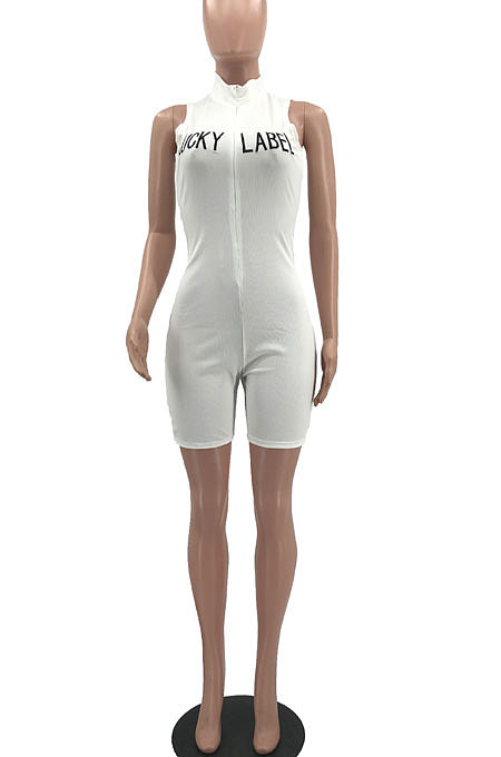 Club Sexy High Neck Screw Thread Embroidered Letter Zipper Tight Romper Shorts MQX2332
