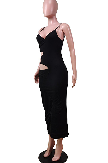 Fashion Sexy Pure Color Sling Hollow Out Long Dress WY6797