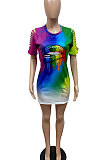 Fashion Sexy Hurnt Flower Rainbow Lip Print Gradual Change Mini Dress GHH030