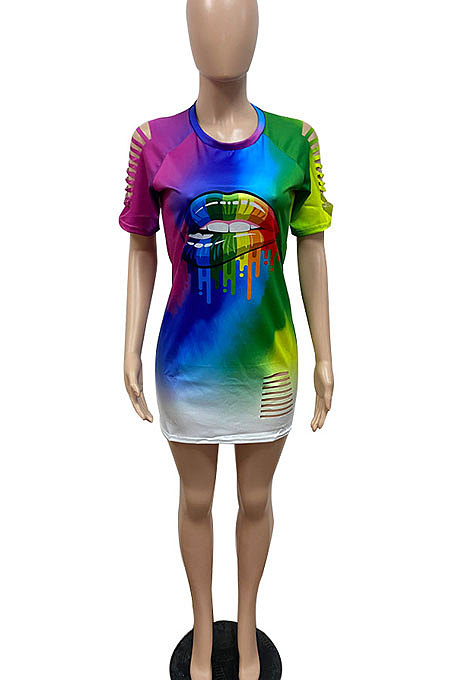 Fashion Sexy Hurnt Flower Rainbow Lip Print Gradual Change Mini Dress GHH030