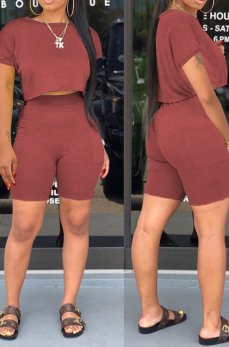 Euramerican Round Neck Short Sleeve Pochet Shorts Two-Piece WY6780