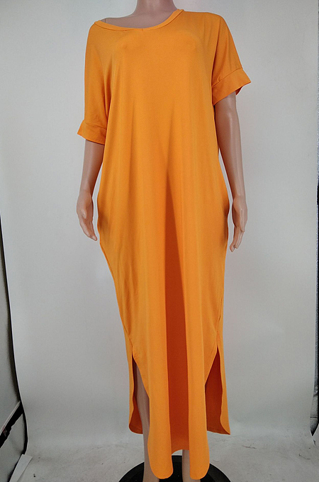 Fashion Short Sleeve Hem Open Fork Deep V Loose Long Dress X9300