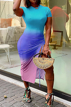 Fashion Gradient Positioning Print Lashing Opening Short Sleeve Dress WY6736 