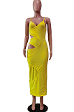Fashion Sexy Pure Color Sling Hollow Out Long Dress WY6797