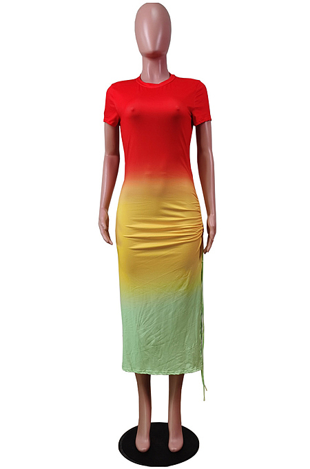 Fashion Gradient Positioning Print Lashing Opening Short Sleeve Dress WY6736 