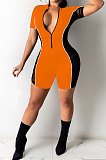 Trendy Casual Sexy Pure Color Spliced Net Yarn Zipper Cultivate One‘s Morality Short Sleeve Romper Shorts SM9152