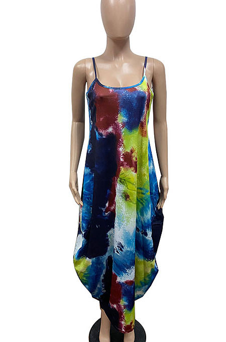 Tie Dye Printing Condole Belt Loose Long Dress GHH037