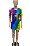 Fashion Sexy Hurnt Flower Rainbow Lip Print Gradual Change Mini Dress GHH030