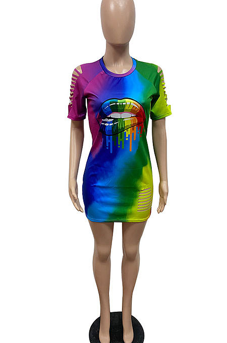 Fashion Sexy Hurnt Flower Rainbow Lip Print Gradual Change Mini Dress GHH030