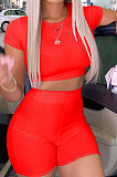 Trendy Casual Pure Color Round Neck Dew Waist Cultivate One's Morality Short Sleeve T Shirts Shorts Sport Two-Pieces SM9170