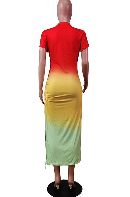 Fashion Gradient Positioning Print Lashing Opening Short Sleeve Dress WY6736 