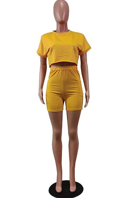 Euramerican Round Neck Short Sleeve Pochet Shorts Two-Piece WY6780