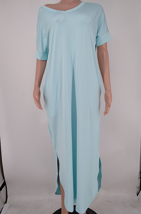Fashion Short Sleeve Hem Open Fork Deep V Loose Long Dress X9300