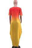 Women Fashion Printing Letter Gradual Change Open Fork Long Dress MQX2333