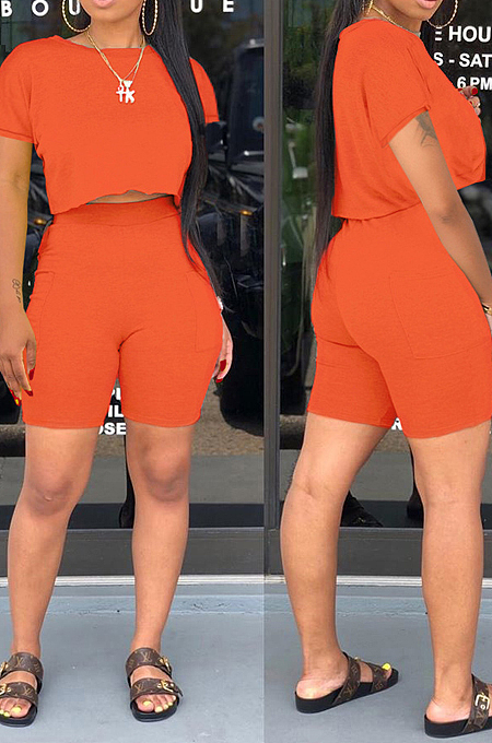Euramerican Round Neck Short Sleeve Pochet Shorts Two-Piece WY6780
